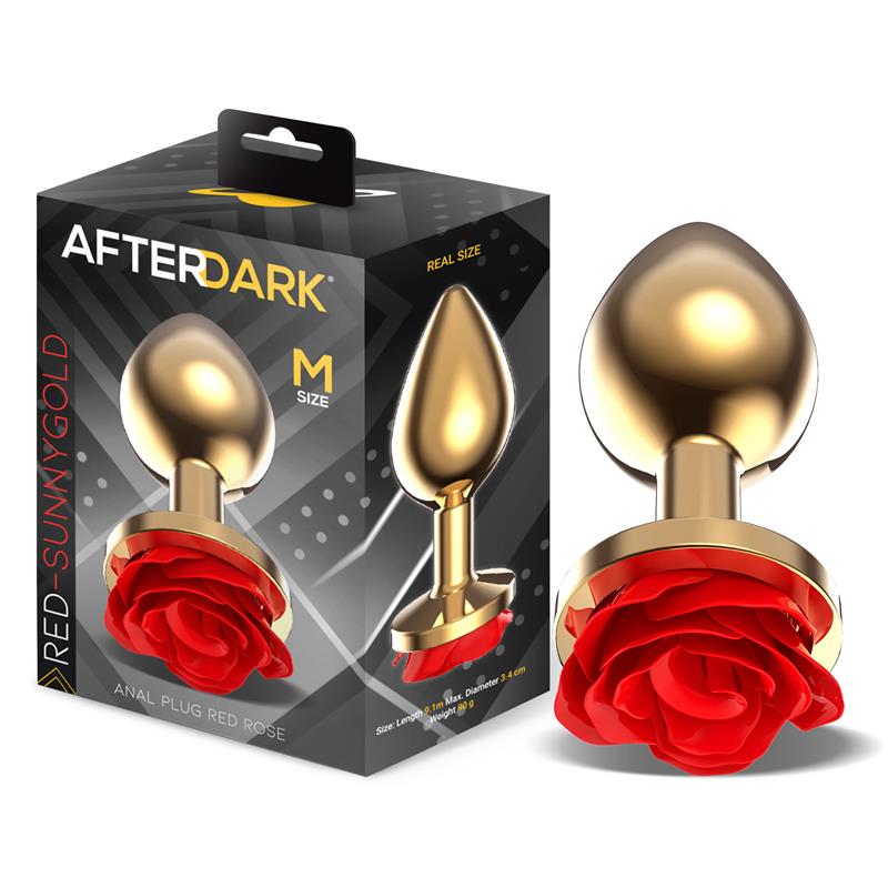 Golden Metal Anal Plug with Red Rose Base Size M