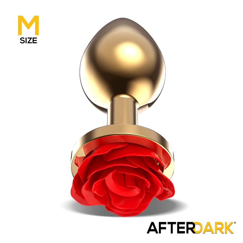 Golden Metal Anal Plug with Red Rose Base Size M