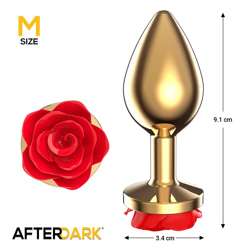 Golden Metal Anal Plug with Red Rose Base Size M